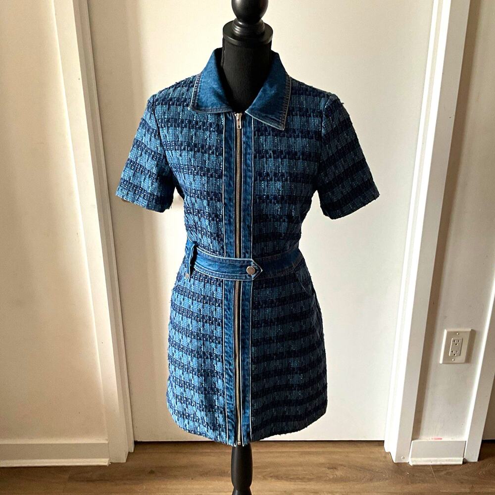 Jason Wu Blue Tweed Shirt Dress Zip Front Belted Lined Short Sleeve Sz S